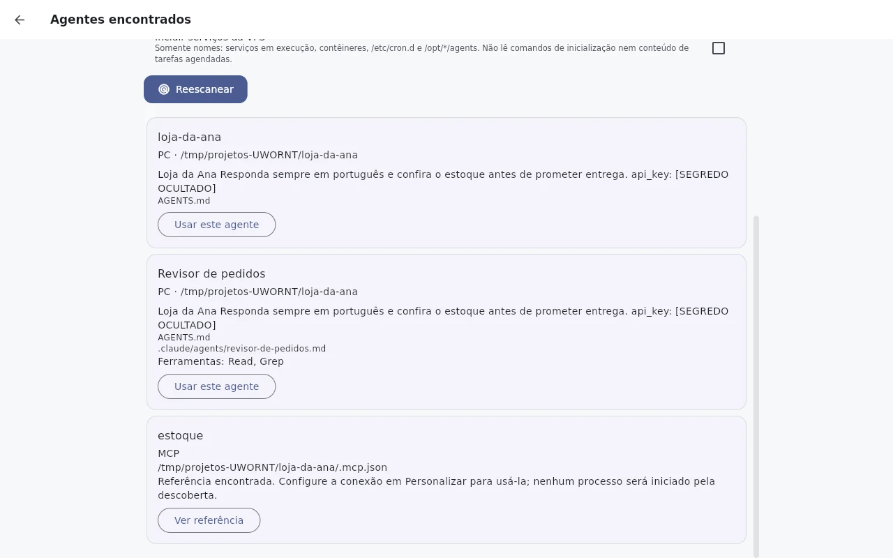 Agentes encontrados: cartões com origem, regras e o botão Usar este agente