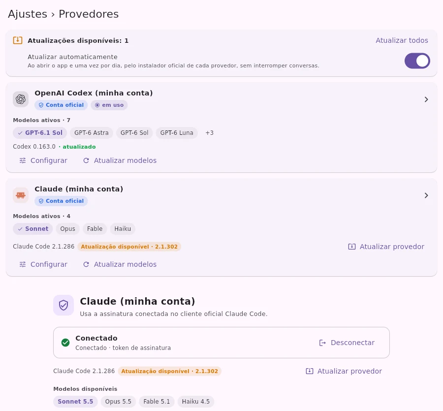 Codex と Claude が接続済みのプロバイダー画面。インストール済みのバージョンとプロバイダーの更新ボタン