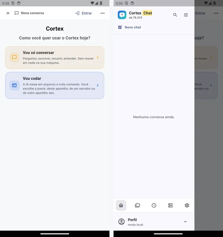 Tela inicial do Cortex no celular com as opções Vou só conversar e Vou codar