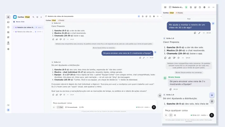Conversa compartilhada com pedidos de duas pessoas e a IA respondendo a cada uma