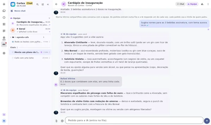 Conversa de IA da equipe no computador com a fila de pedidos