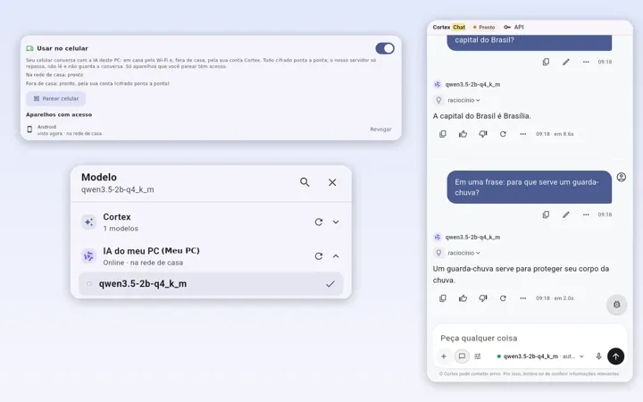 Pareamento por QR no computador e o celular conversando com a IA do PC
