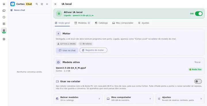 IA local ligada, com motor, modelo ativo e a opção Usar no celular