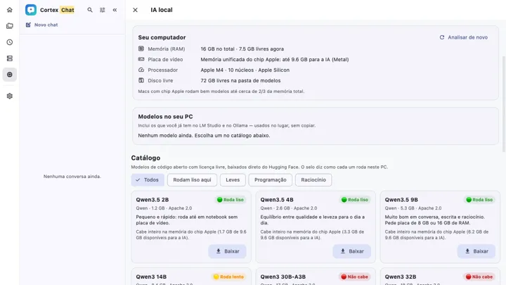 Página IA local com a análise do computador e o catálogo de modelos