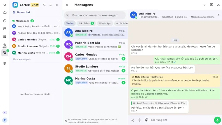 Caixa de Mensagens com conversas do WhatsApp Business, nota interna e resposta pela IA