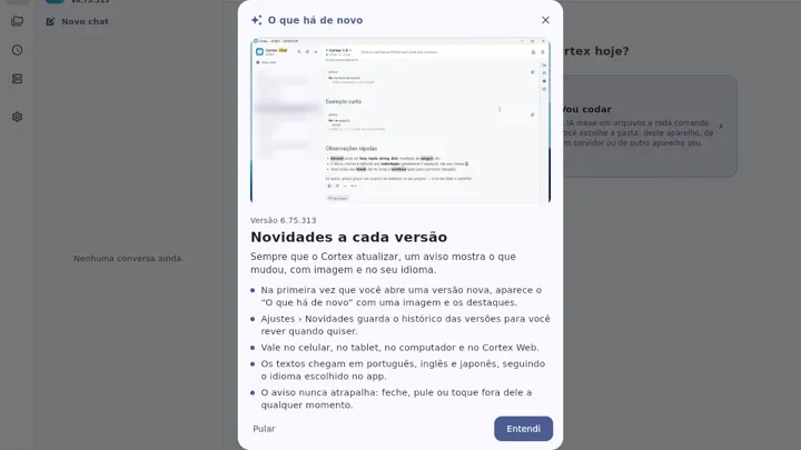 Janela O que há de novo com imagem e a lista de destaques da versão