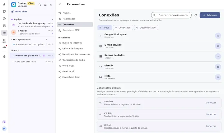 Lista de conexões com Google Workspace, GitHub e outros serviços