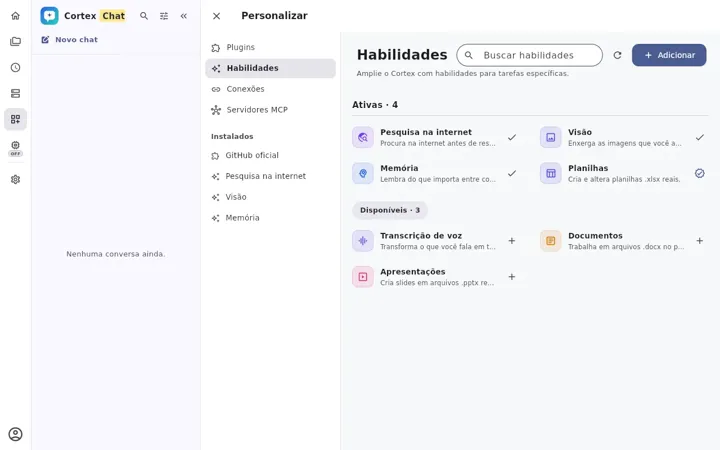 Tela Personalizar com as habilidades ativas e disponíveis em cartões