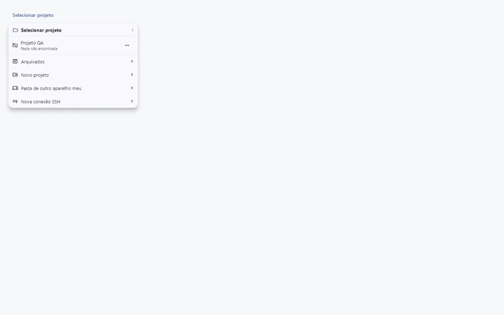 Seletor de projetos com aviso de pasta ausente no Windows