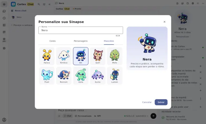 Customize your Synapse: name, color, character, and mascot tabs, and the preview