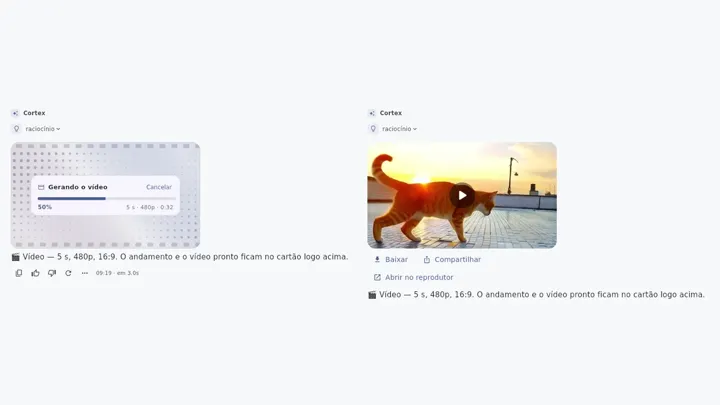 Cartão de vídeo sendo criado, com porcentagem, e o vídeo pronto ao lado